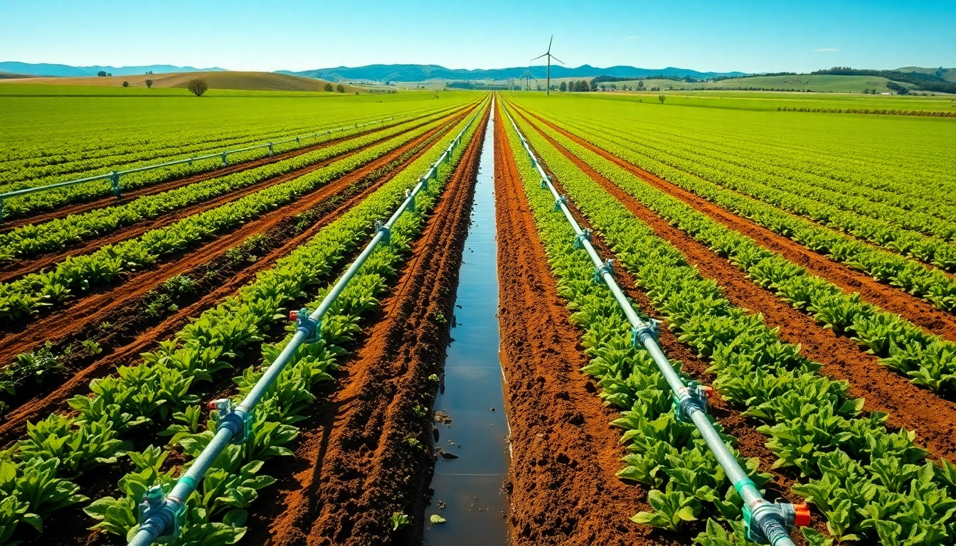 Illustration of land irrigation systems enhancing crop growth in a lush green field.