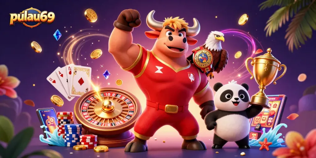 Experience pulau69 casino excitement with a dynamic 3D scene of mascots and games!