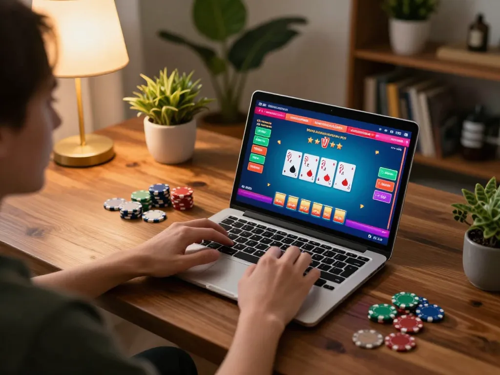 Engaging gaming moment at online casinos Canada with a player using a laptop and poker chips in view