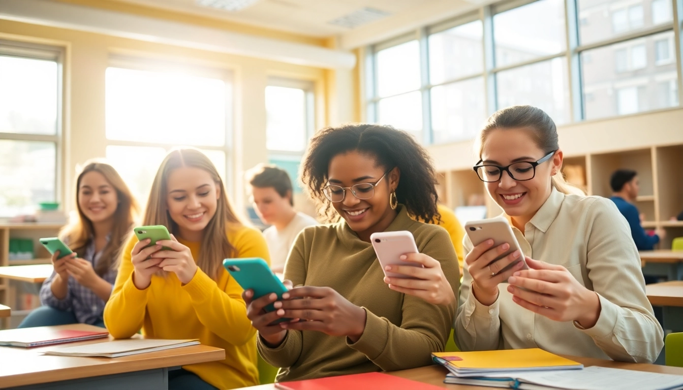Utilizing a smartphone solution in school life with students collaborating in a bright classroom.