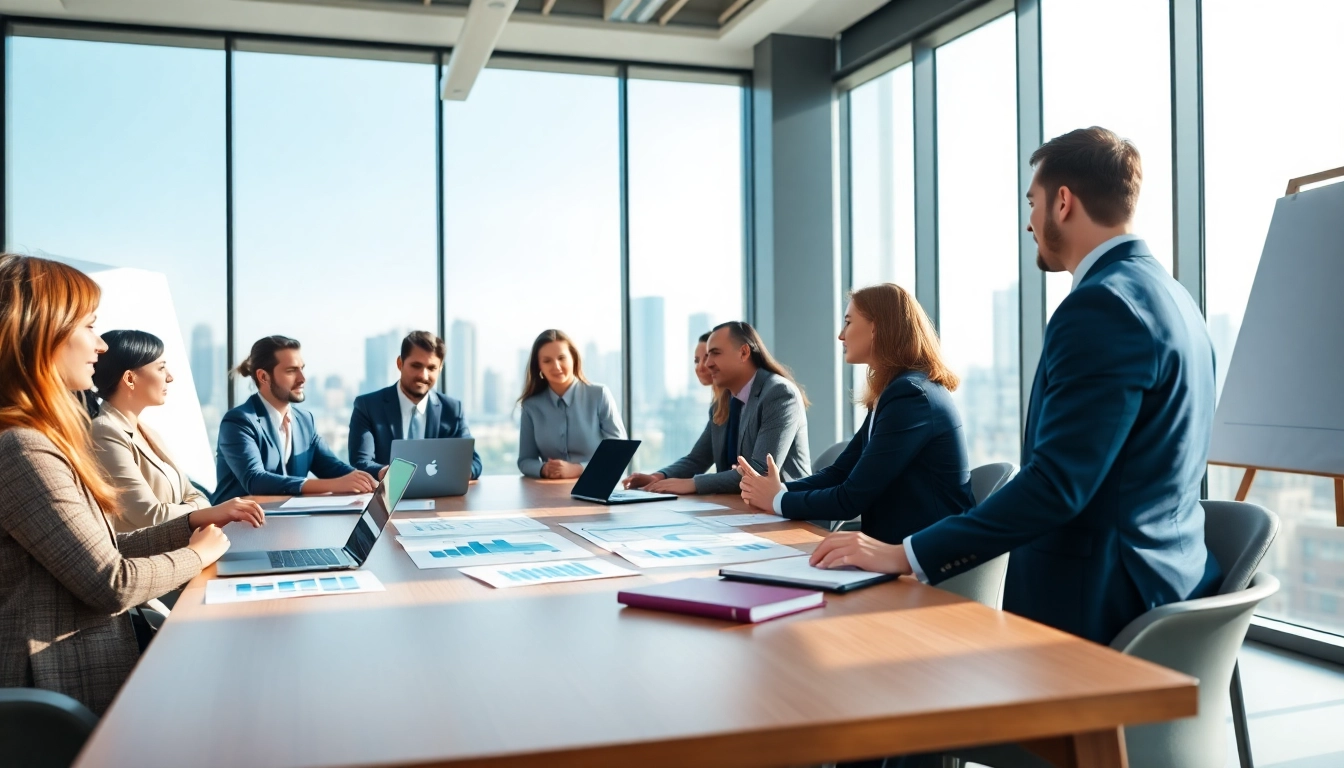 Engaged business professionals collaborating in a modern office environment.
