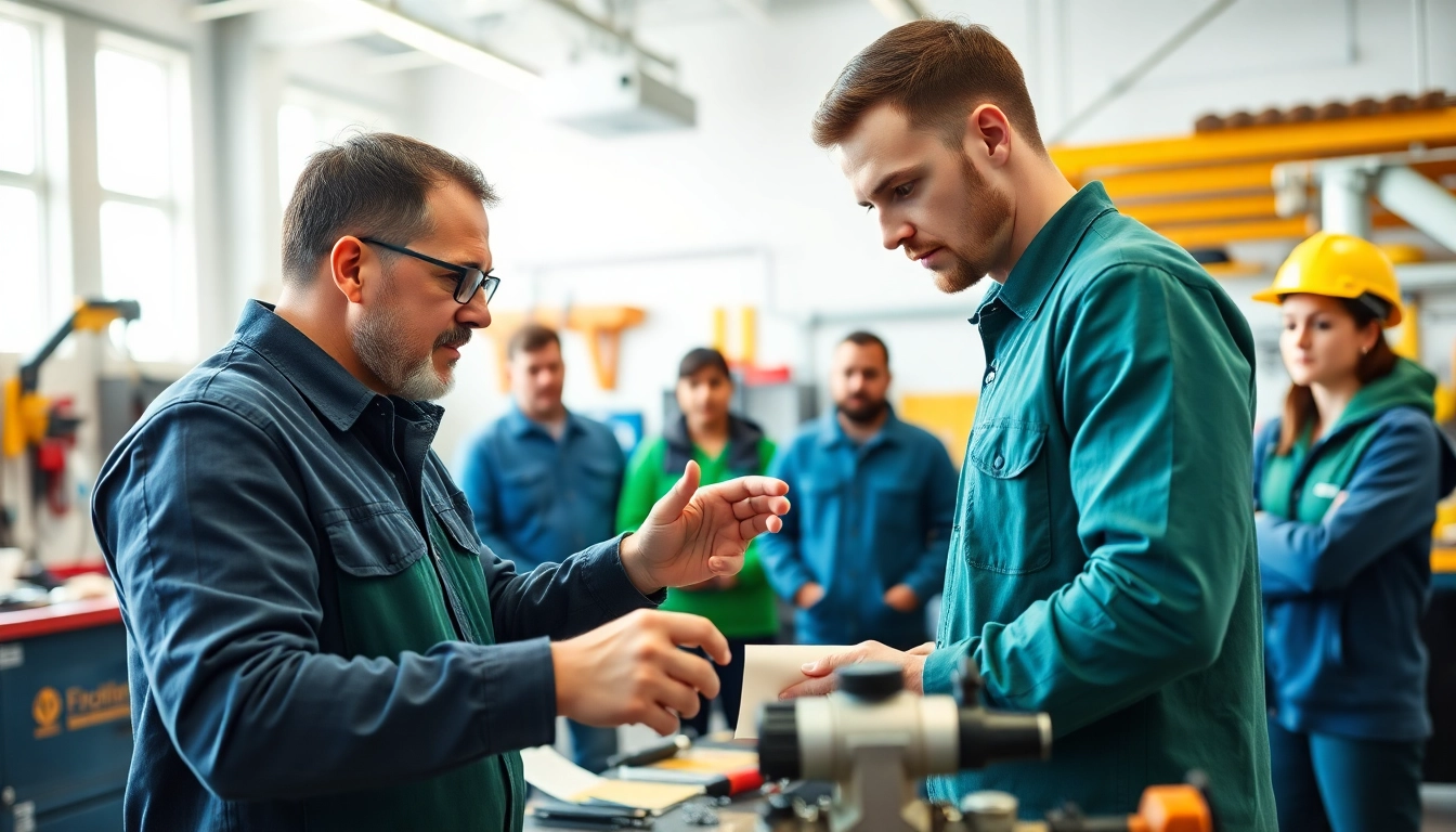 Engaged participants in skilled trades training with instructors demonstrating techniques in a hands-on workshop.