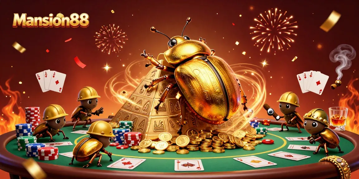 Mansion88 showcases a dazzling casino scene with golden beetles, poker elements, and vibrant energy.