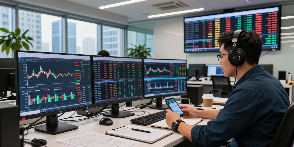 Analyzing live gold price charts in a bustling financial office.