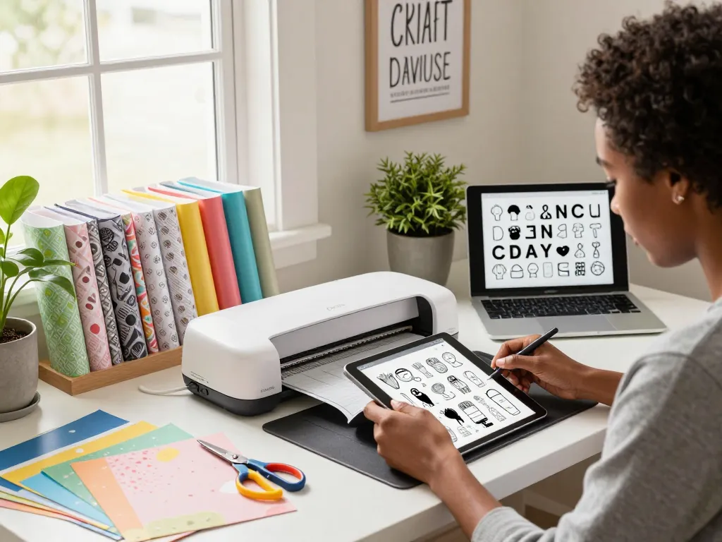 Cricut SVG bundle designs featured in a vibrant home workspace with crafting tools.