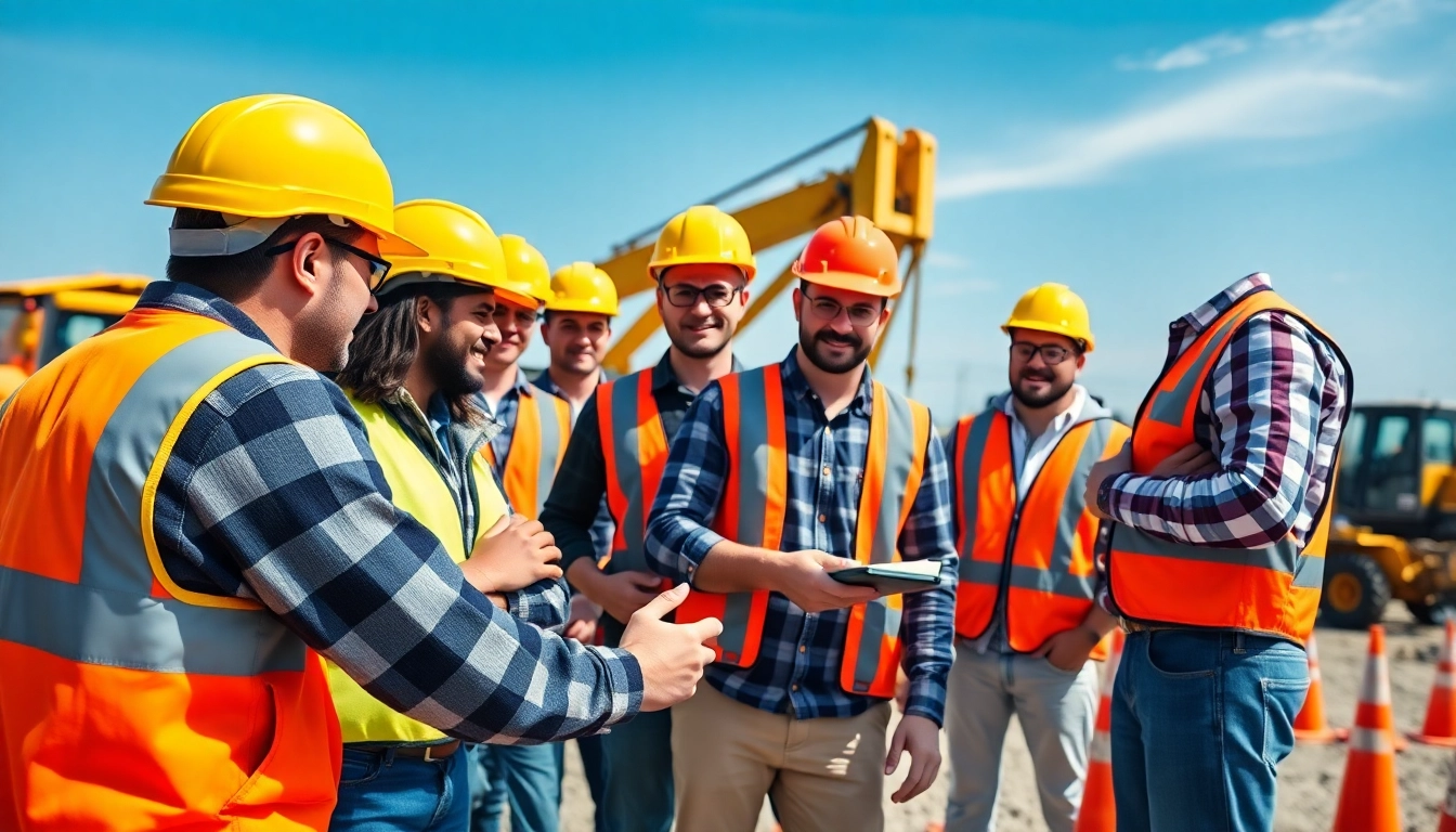 Workers participating in construction safety training with safety gear in a vibrant, engaging environment.