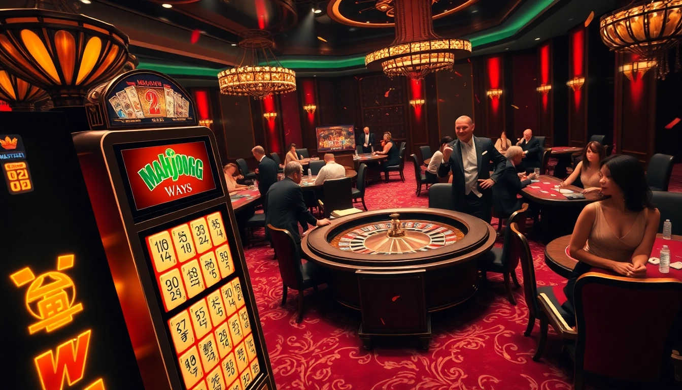 Players enjoying Mahjong Ways 2 slot machine action with eye-catching graphics in a luxurious casino setting.