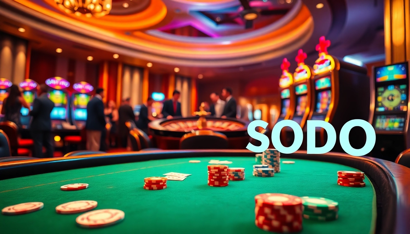 SODO casino scene showcasing poker, roulette, and slot machines in a vibrant atmosphere.