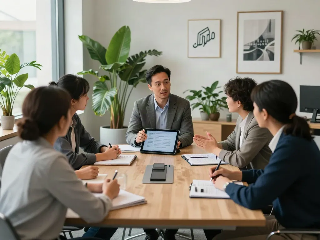 PedroVazPaulo Executive Coaching session showing diverse executives discussing leadership strategies in a modern office.