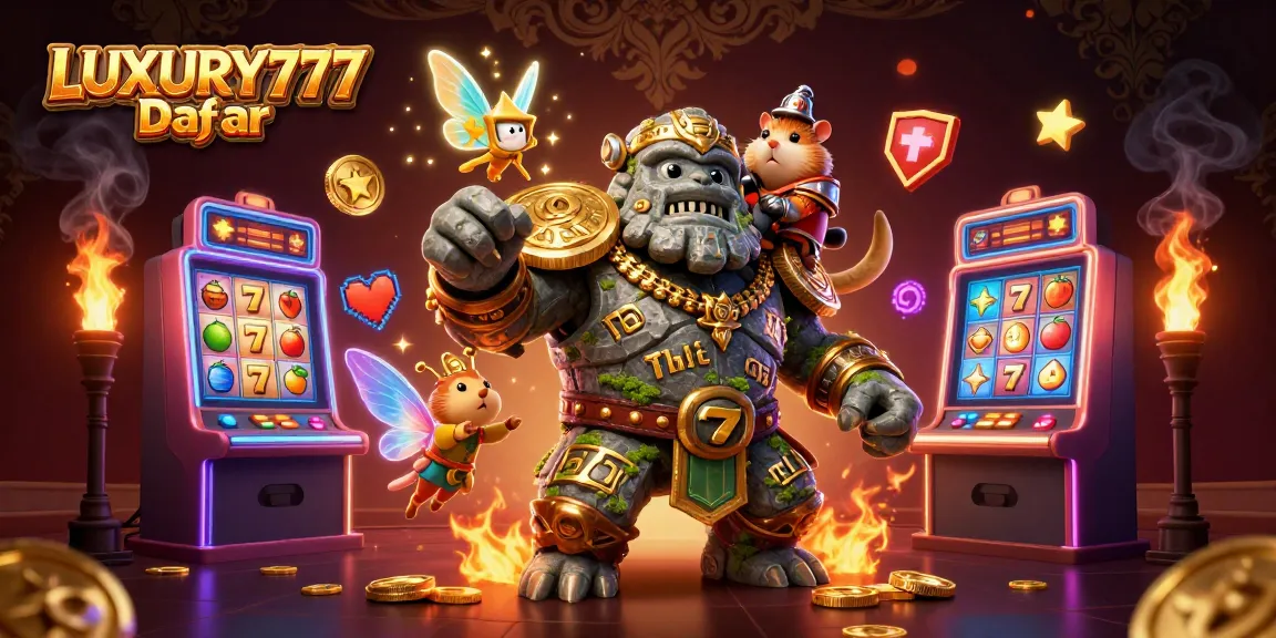 Gambarkan LUXURY777 Daftar dengan karakter golem dan koin emas dalam latar kasino.