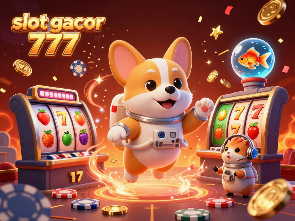 Experience excitement at slot gacor 777 with a vibrant space casino scene featuring a playful astronaut corgi.