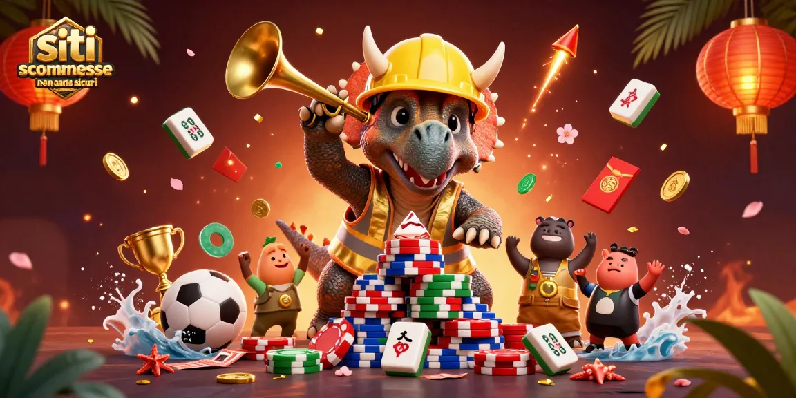 Scommettendo su siti scommesse non AAMS sicuri, un triceratopo costruisce una piramide di fiches, circondato da elementi festivi