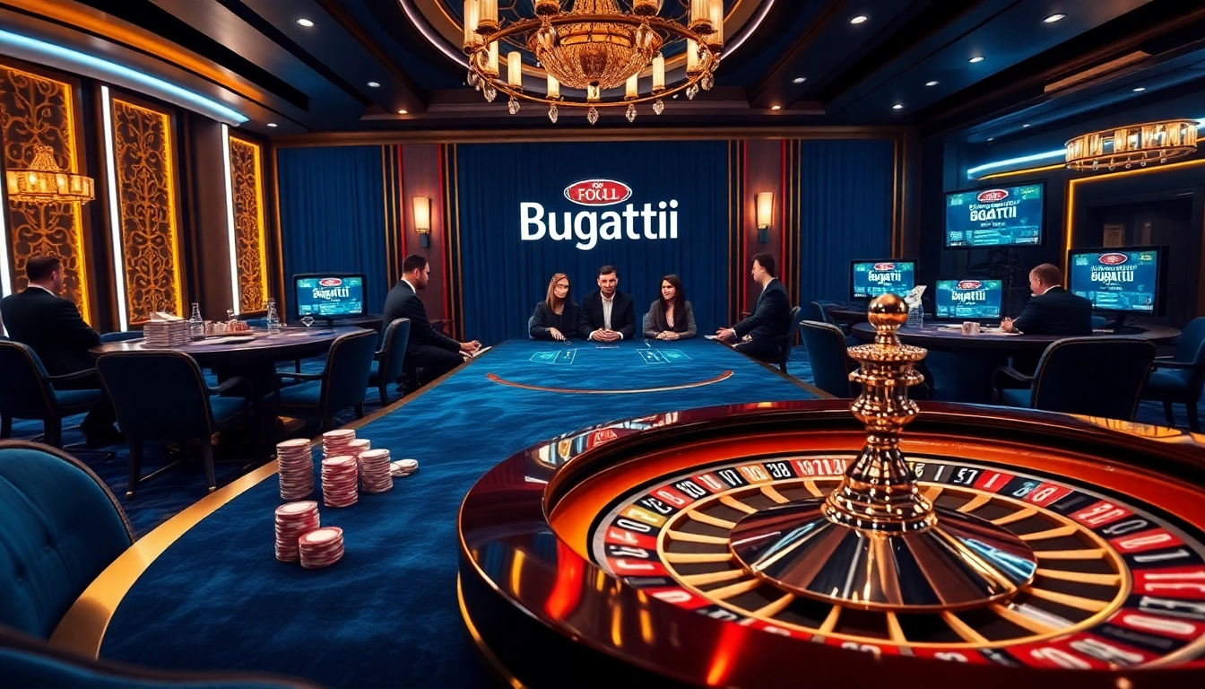 Players enjoying a lively poker game at Bugatti8 with vibrant chips and a shiny roulette wheel in play.