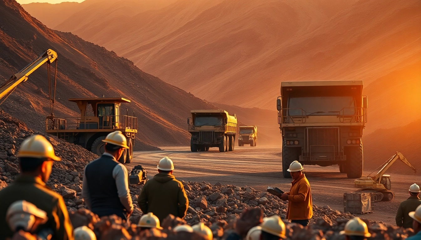 Dynamic mining activity showcasing machinery and workers in a vibrant landscape.
