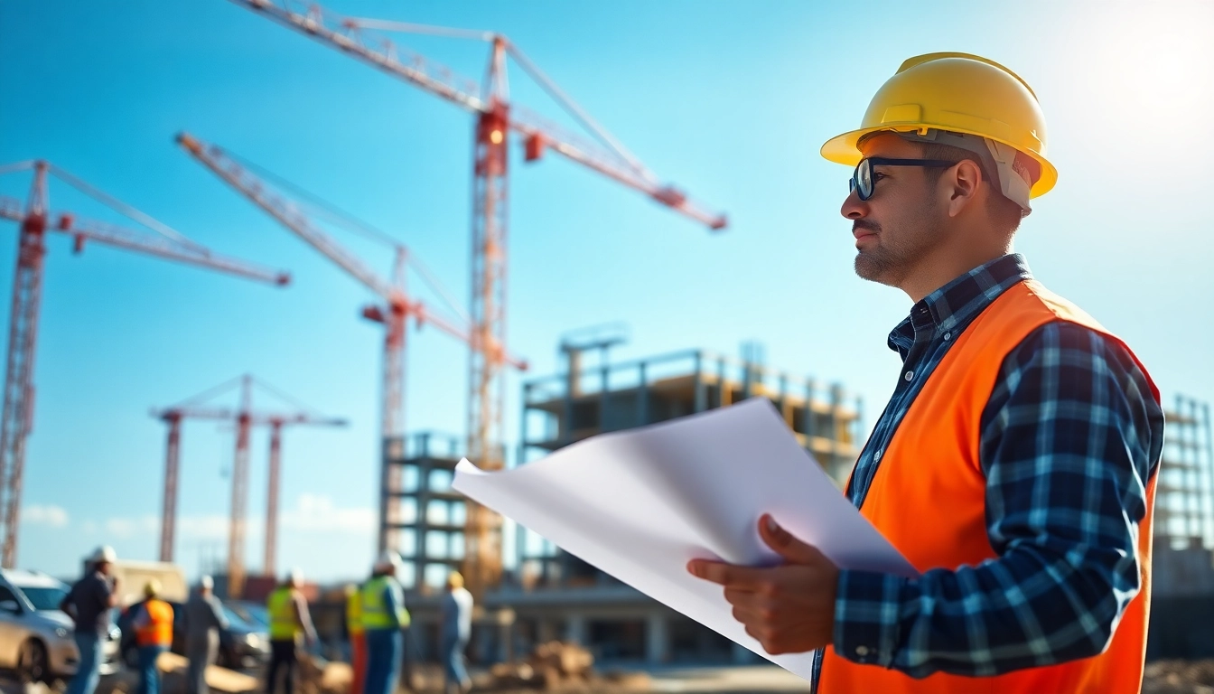 New Jersey Construction Manager leading vibrant project site with collaborative workers.