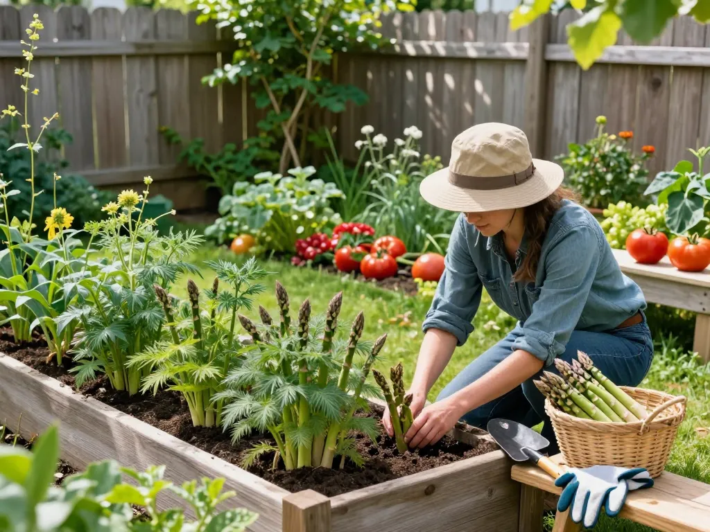 Asperges moestuin with vibrant asparagus plants and a gardener picking fresh spears.