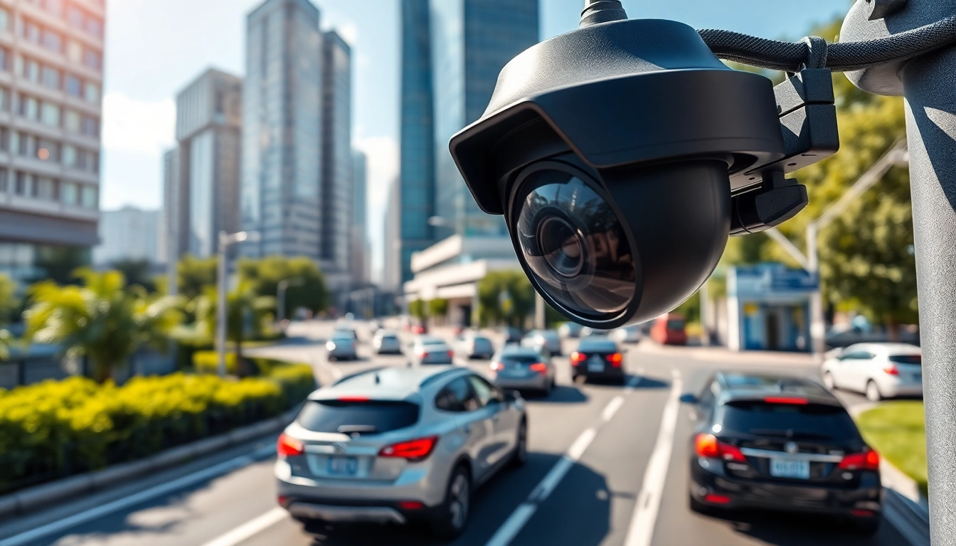 Capture a clear image of a license plate recognition camera in action observing cars.