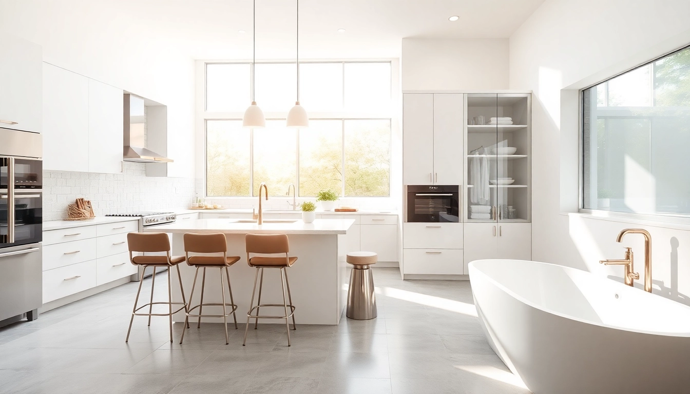 Showcase of a kitchen and bathroom remodel featuring modern design and sleek fixtures.