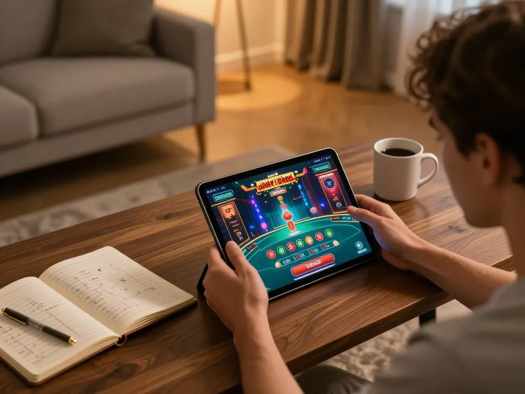 Player engaging with dn88 online casino app on tablet in a cozy home setting, focusing on strategic gameplay.