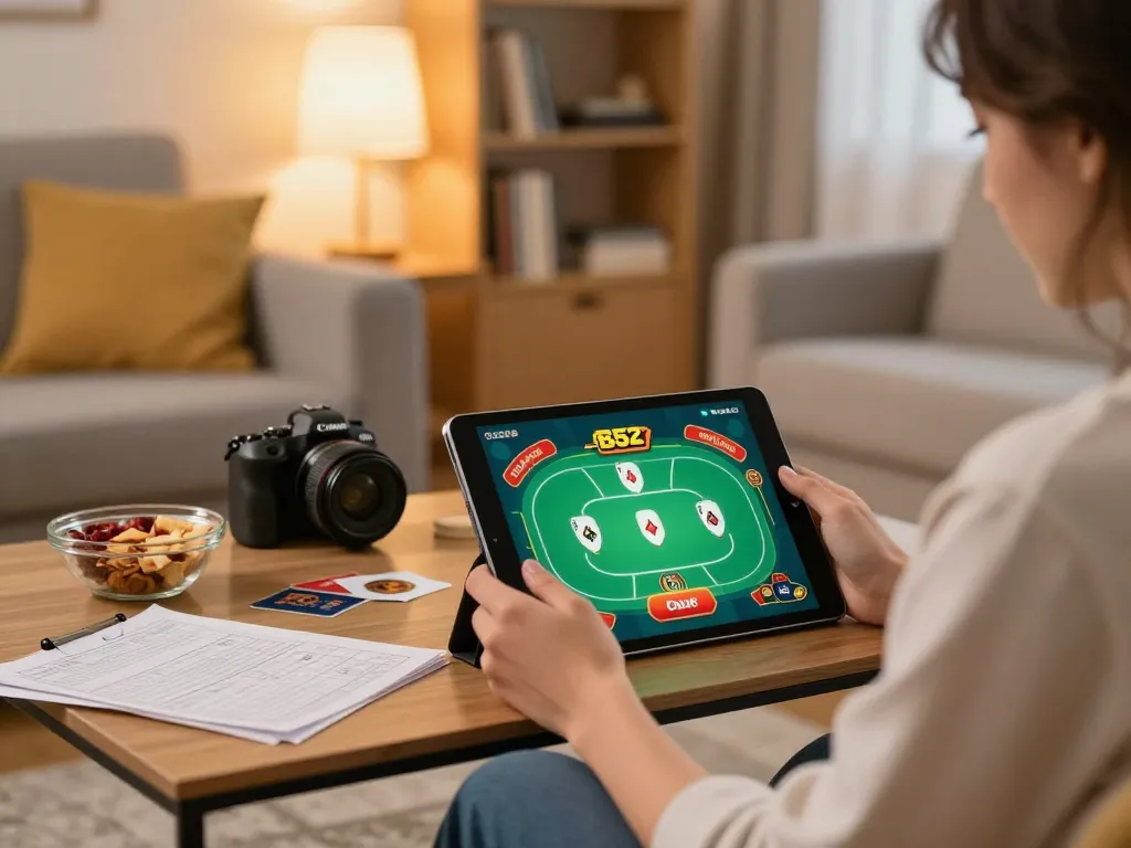 B52 Club gaming experience with a person using a tablet for online poker in a cozy living room