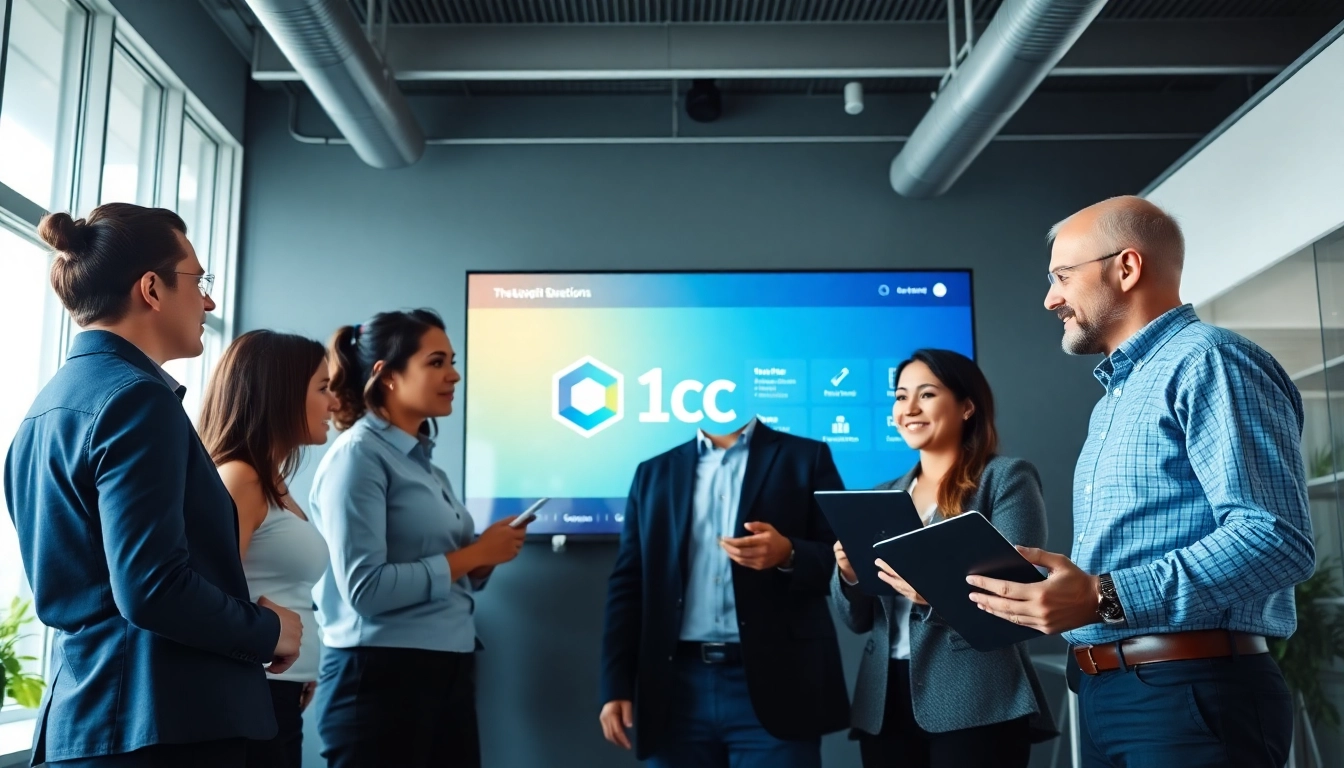 Professionals utilizing the 1cplatform in a collaborative office environment