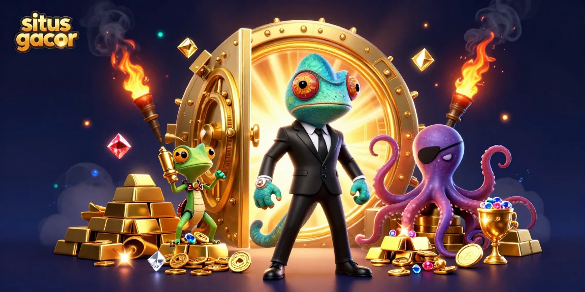 Situs gacor showcases a vibrant scene with colorful characters and glittering casino treasures
