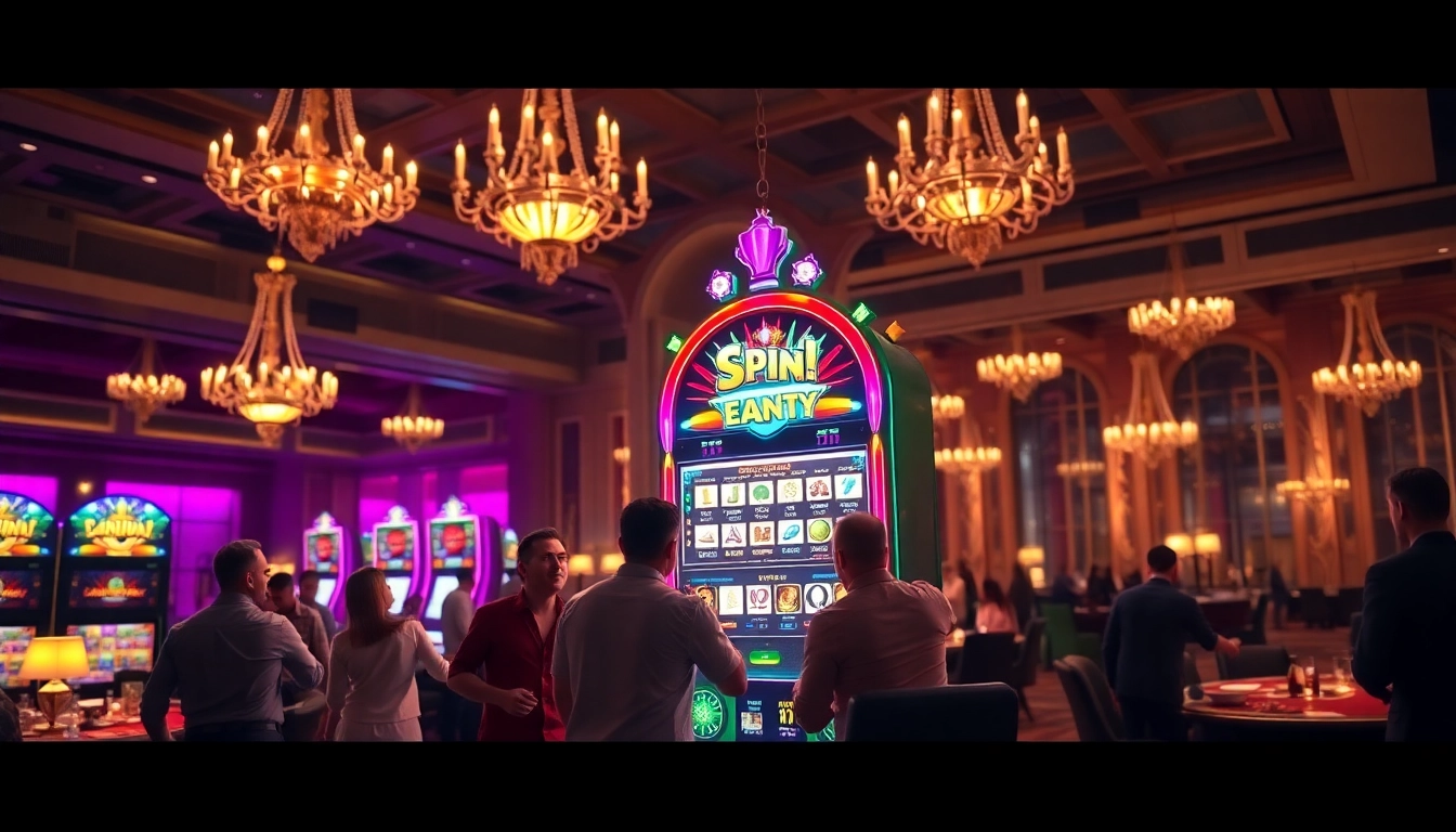 Experience the excitement of casino bonuses with vibrant visuals of players enjoying a slot machine.
