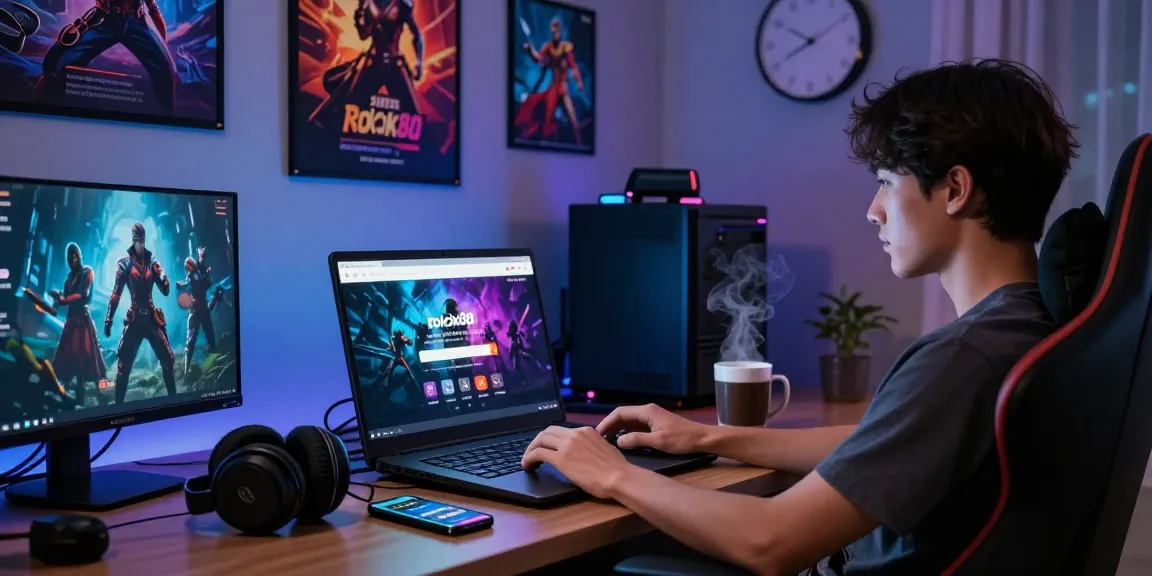 User using rokok88 login on a laptop in a cozy home gaming setup with colorful ambient lighting.