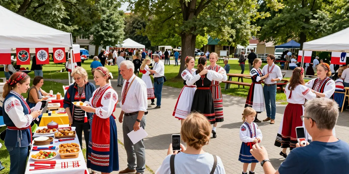 A lively Polish community festival scene showcasing traditions at https://www.sfpol.com/, with families enjoying cultural activities and traditional foods.