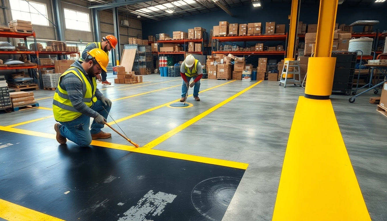 Warehouse floor striping Jackson MS showcases workers applying vibrant yellow and black paint patterns.