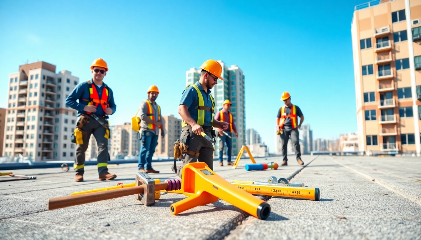 Commercial roofing services inspection showcasing professionalism and teamwork in an urban environment.