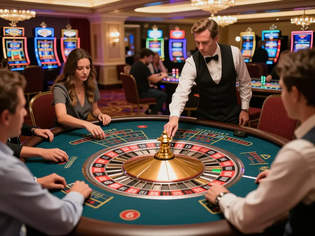 Engaged players at the roulette table in a luxurious casino, showcasing the thrill of 678vip ne gambling experience