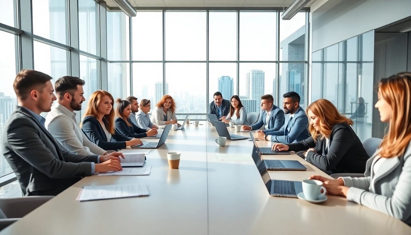 Business professionals collaborating in a modern office setting during a meeting.