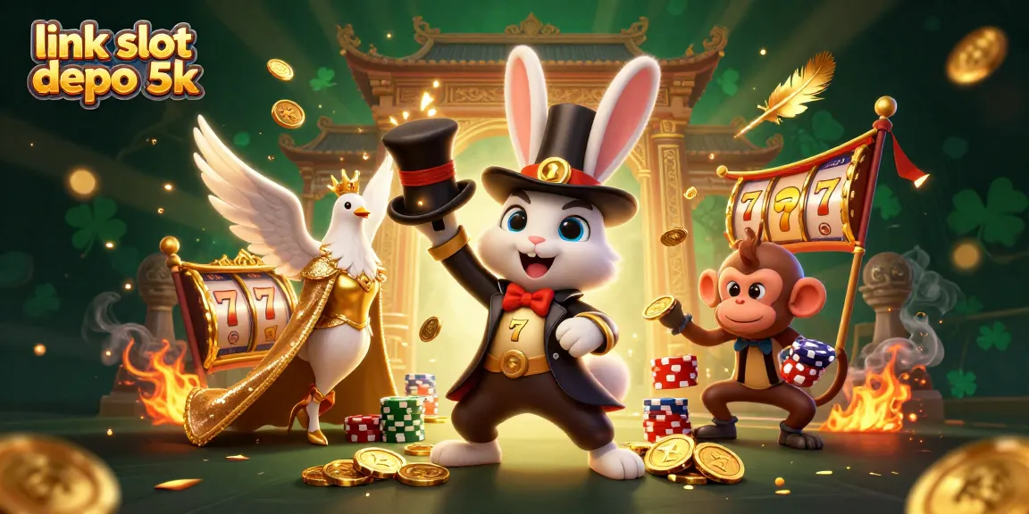 Experience thrilling wins with link slot depo 5k, featuring a whimsical 3D magician scene filled with golden coins and vibrant slot reels.