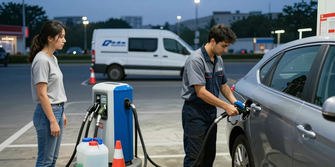 Wrong fuel in car being drained by technician at twilight.