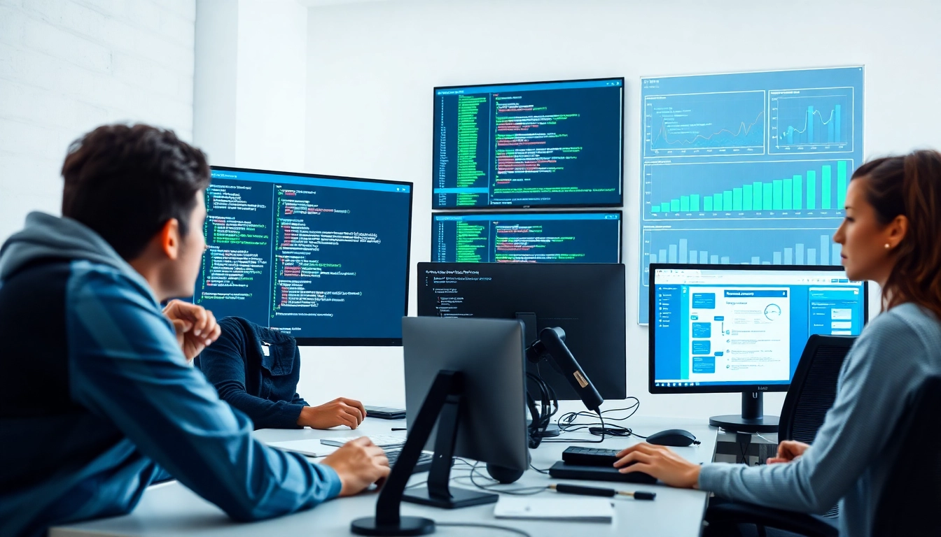 Team collaborating on a test automation tool project at a modern workstation.