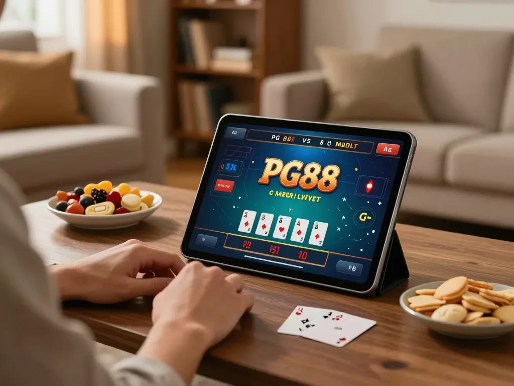 Experience thrilling PG88 blackjack gameplay on a tablet in a cozy home setting.
