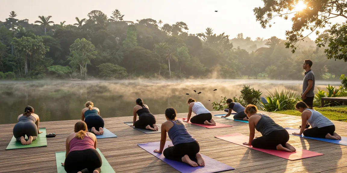 Yoga synergy intensive participants engaged in sunrise practice at Koggala Lake.