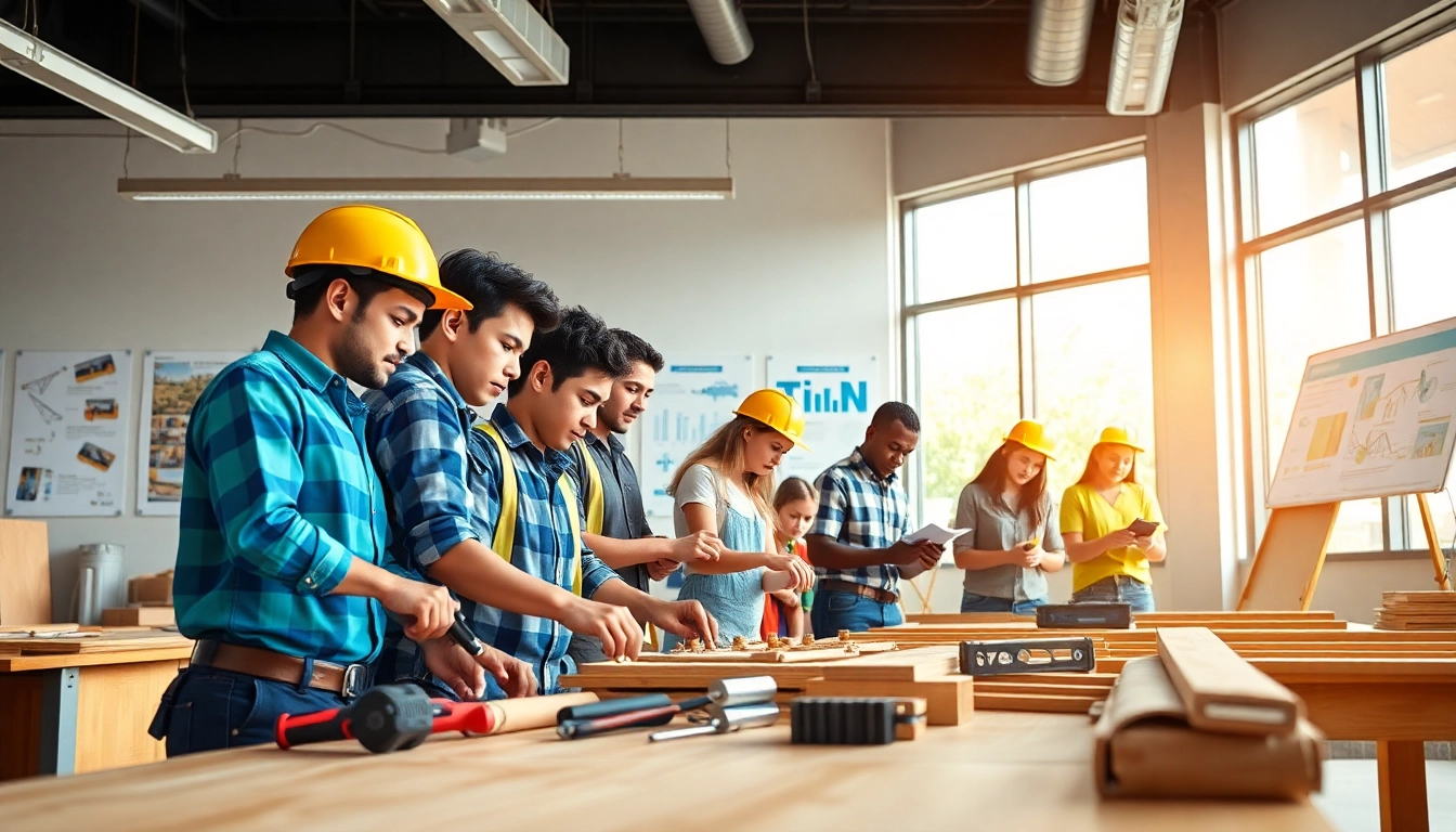 Students actively participating in construction education activities, showcasing collaboration and learning in a modern classroom.