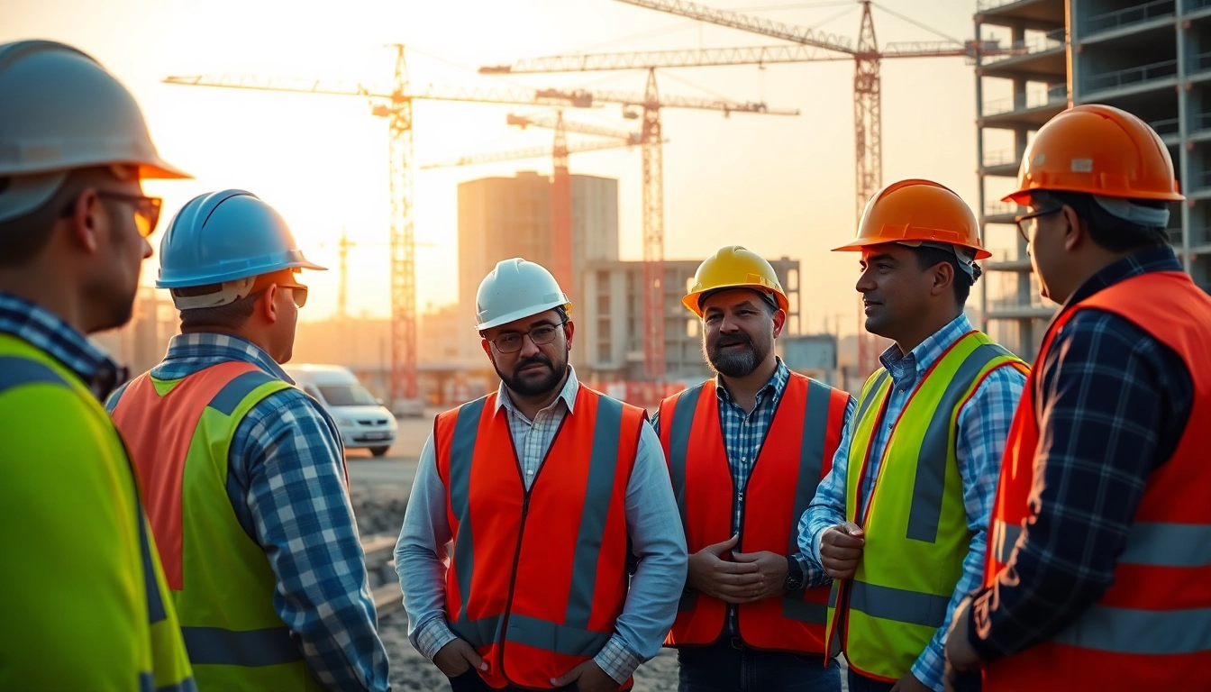 Construction association collaboration on-site with workers in safety gear and construction machinery.