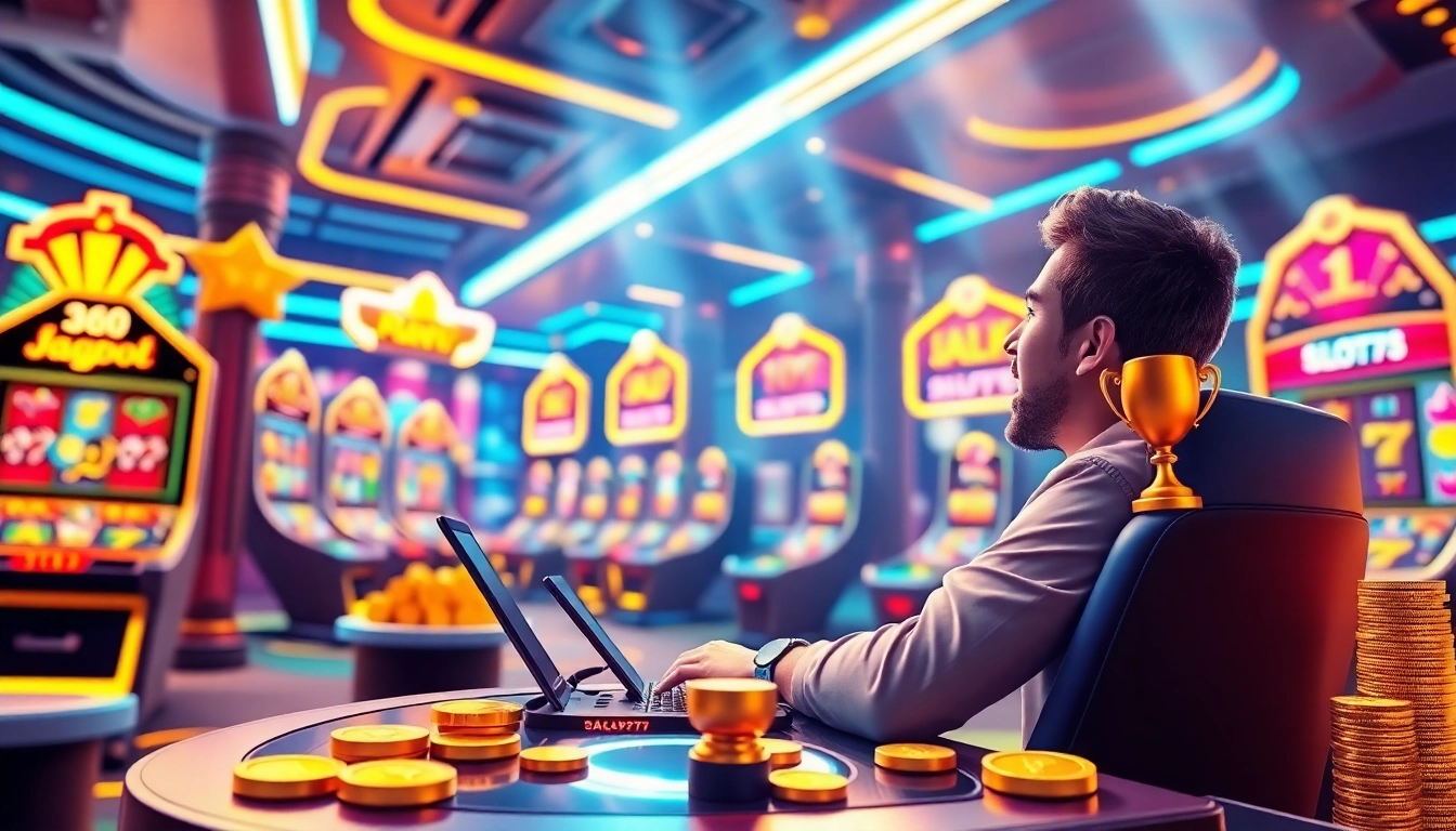 Bermain Slot77 dengan antusias di dunia game online yang cerah dan penuh warna.