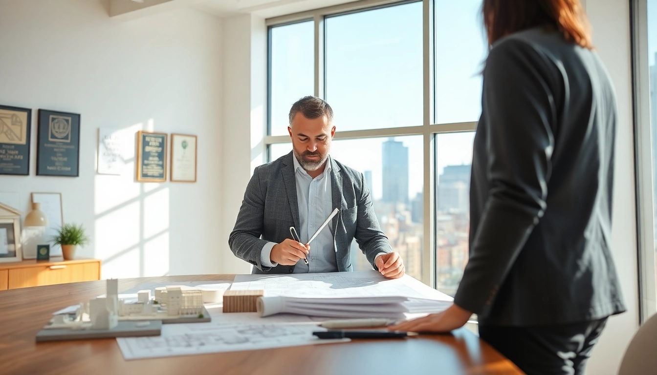 Architectural consultation Boston: Professional architect analyzing designs in a bright office.