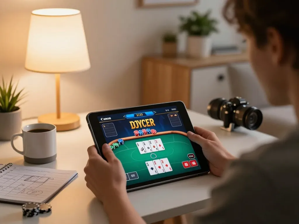 Engaging with kkwin's online casino platform on a cozy home setup for strategic gaming