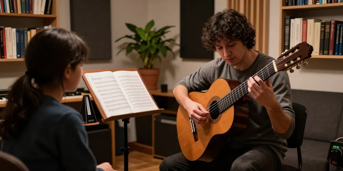Private classical guitar lessons with an instructor and student in a cozy home studio, showcasing warm lighting and musical resources.