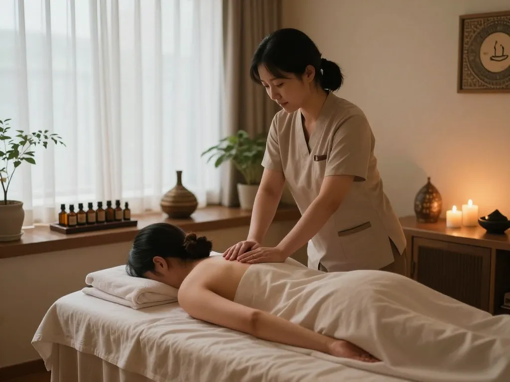 편안한 요소가 있는 고요한 스파 환경에서 논현동마사지를 선보이는 이완 마사지 치료 세션.