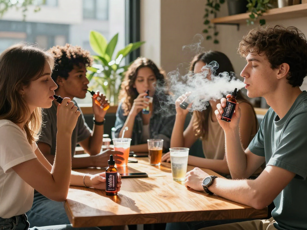 Friends enjoying Nomenon e liquid 100ml in a vibrant café, celebrating flavors and social connections.