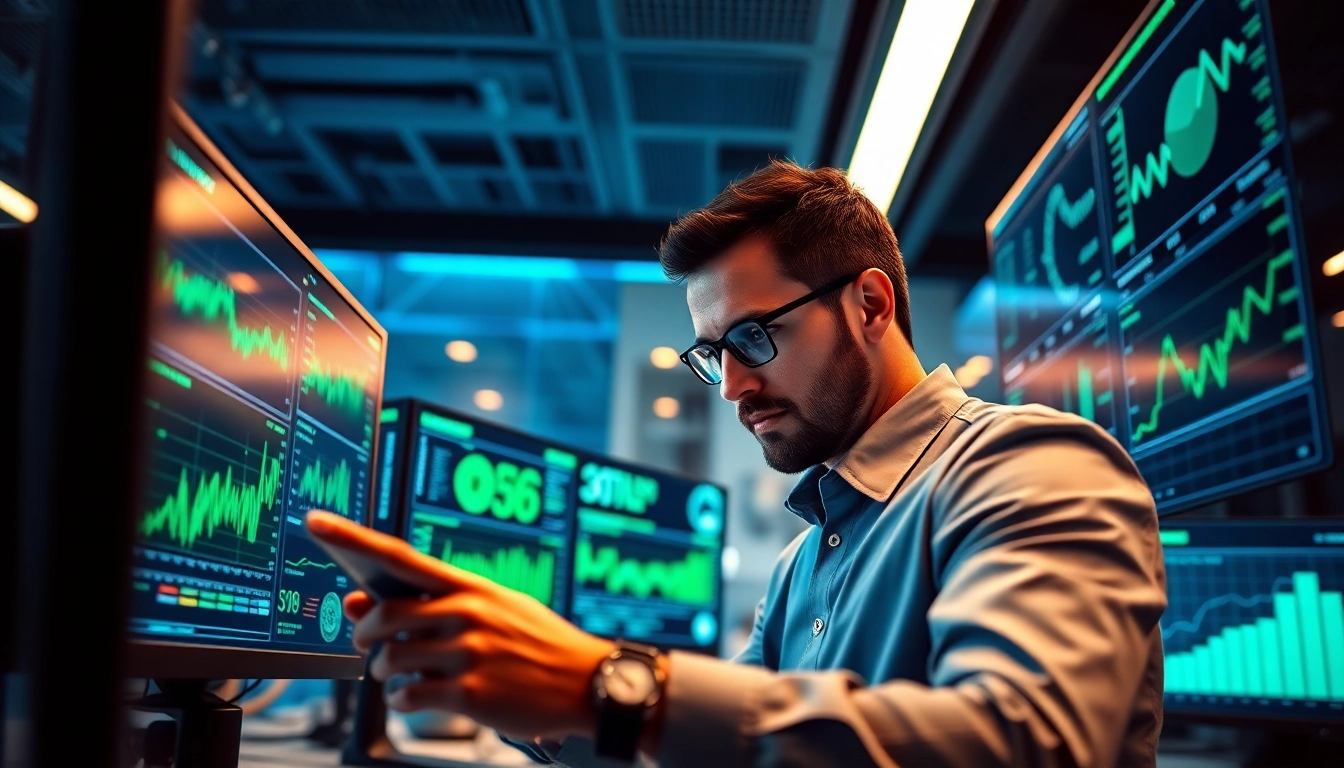 Utilizing AI for competitive intelligence in a sleek office with dynamic data visualizations.