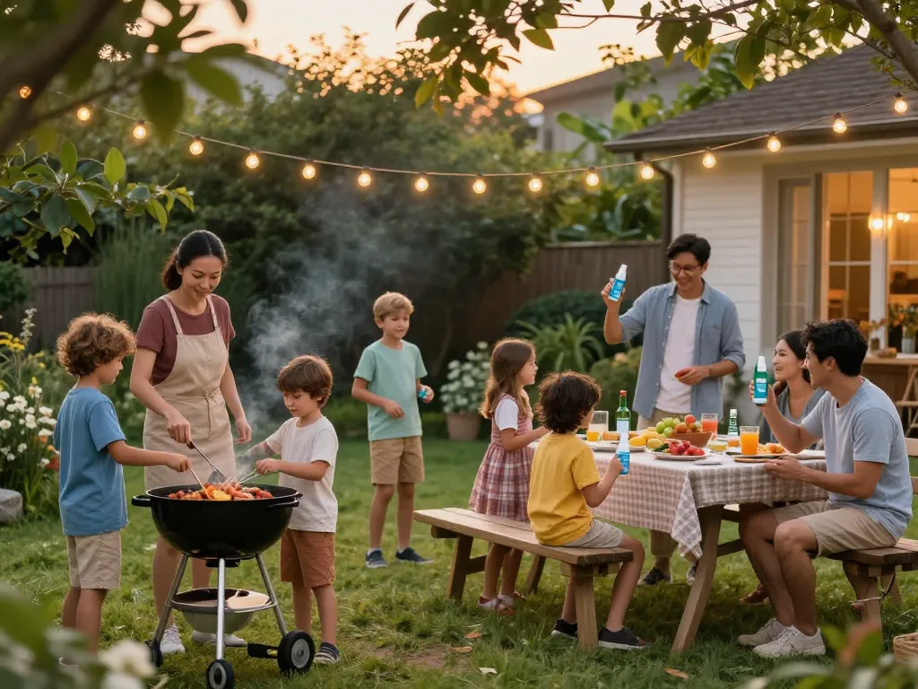 Family applying Best Mosquito Repellent while enjoying a summer barbecue outdoors.