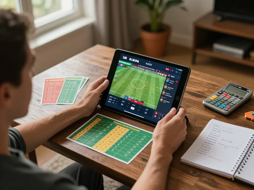 KLIKFIFA sports betting on tablet with strategic notes, showcasing responsible online gambling.
