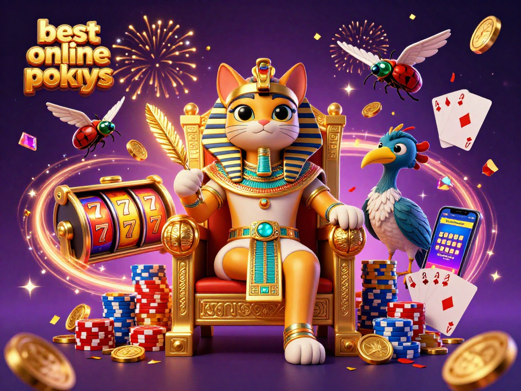 Spin and win on the best online pokies featuring a cartoon Pharaoh cat and lavish casino elements.